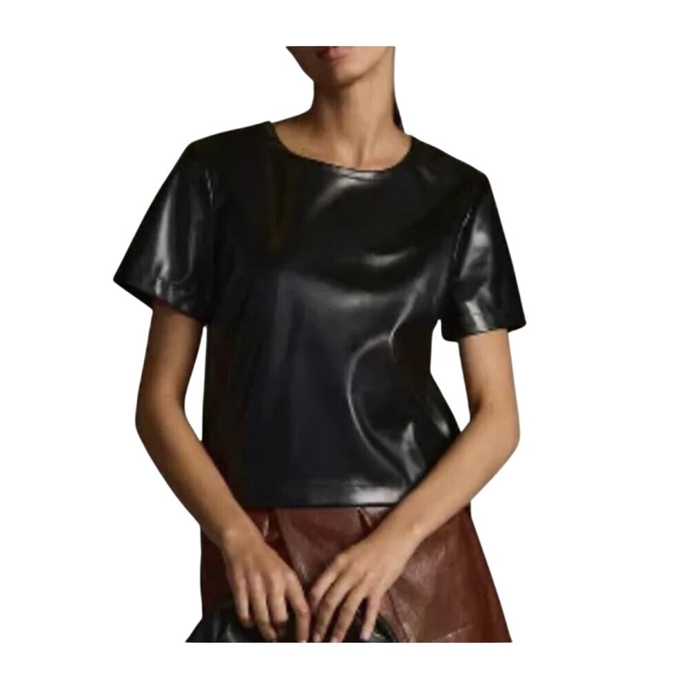 Anthropologie Women's Porridge Faux Leather Black Short Sleeve Top, Size M, NEW